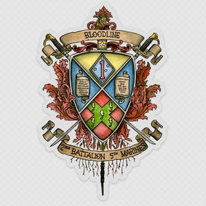 May include: A sticker featuring a detailed emblem with the text "BLOODLINE" on a banner. The emblem includes crossed swords, scrolls with text, and a central shield with a number 1 and stars. The words "2ND BATTALION 5TH MARINES" are also present.