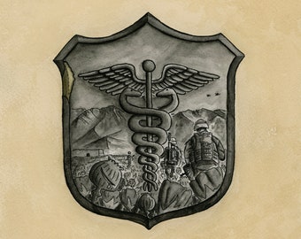 Impressão do escudo do paramédico do Afeganistão, militar, fuzileiros navais, marinheiros, marinha, fuzileiros navais, membros do serviço, arte militar, paramédico,