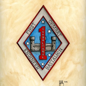 May include: A red and white diamond-shaped patch with the words "First Combat Engineer Battalion" and "Guadalcanal" around a red number "1" and a blue background. There are five white stars around the number.