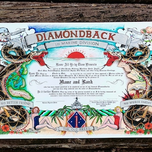 1st Marine Division Certificate, Military Art,  Military Going Away Gifts, Personalized Gifts, Marines, Sailors, Diamondback