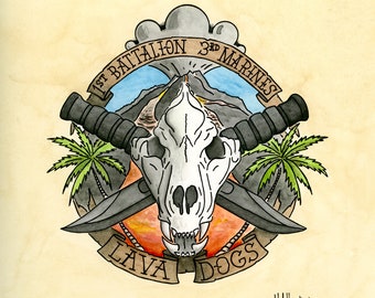 1st Battalion 3rd Marines Lava Dogs Print, 3rd MARDIV, Infantry, Fortuna Fortes Juvat, Hawaii