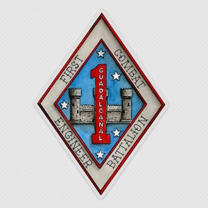 May include: A diamond-shaped patch with a blue background and a red number "1" in the center. The number is surrounded by white stars and the text "GUADALCANAL" in red. The patch also features two gray castle towers and the text "FIRST COMBAT ENGINEER BATTALION" in black.