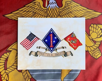 1st  Marine Division Flag Print, The Old Breed , Military, Marines, Sailors, Navy, Marines,