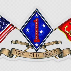 May include: A blue diamond with white stars and the number 1 inside, with the text "GUADALCANAL" and "ESTABLISHED 1 FEBRUARY 1941" on either side.  Two flags are crossed behind the diamond, one is the American flag and the other is a red flag with a yellow snake and the Marine Corps emblem.  A banner below the diamond reads "THE OLD BREED".