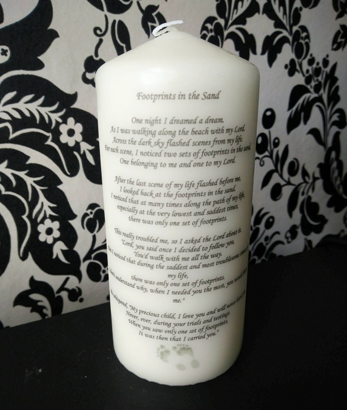 Footprints in the Sand Inspired Pillar Candle Available in Etsy