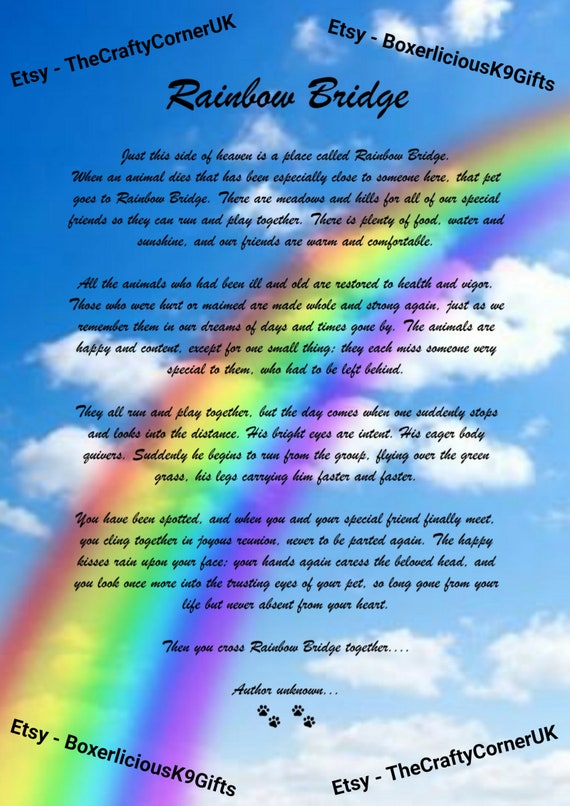 Rainbow Bridge Poem Pet Loss Memorial Bereavement Picture Dog Etc