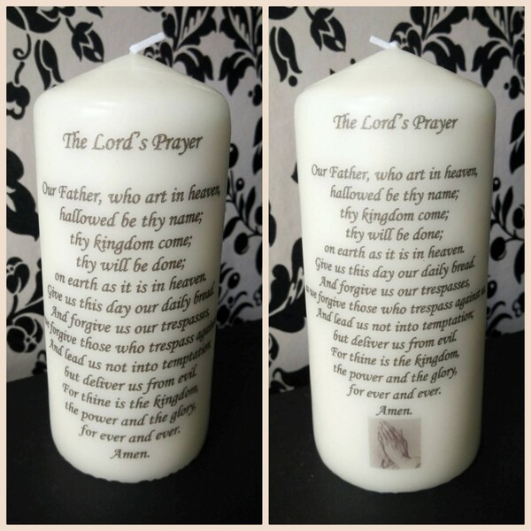The Lord's Prayer Inspired Pillar Candle - Bible, Religious, Scripture, Our Father, Gift. Available With or Without Praying Hands.