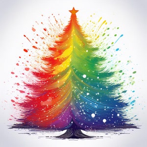 Puede incluir: Un árbol de Navidad abstracto colorido con una estrella roja en la parte superior. El árbol está pintado en tonos de rojo, naranja, amarillo, verde, azul y morado, con acentos blancos como de nieve.