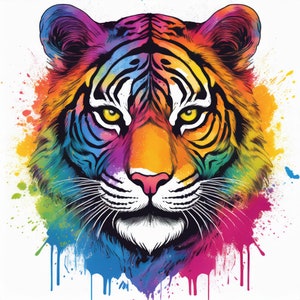 May include: A colorful illustration of a tiger's face with a rainbow paint splatter effect. The tiger's face is in focus, with the paint splatters creating a vibrant background.