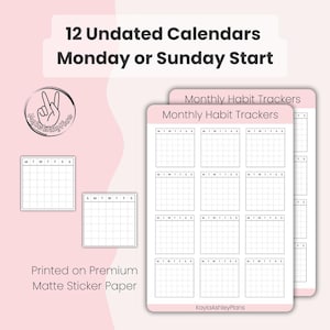 Monthly Habit Tracker Stickers – 12 Sticker Set (Monday or Sunday Start) | Bullet Journals & Planners | Undated Calendars | KaylaAshleyPlans