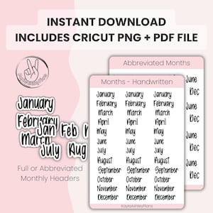 Monthly Header Stickers – Printable Month Labels (Full + Abbreviated) | Cricut PNG + PDF | Instant Download | KaylaAshleyPlans
