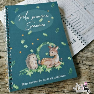 Cahier de suivi premières semaines thème forêt, carnet journée avec nounou ou parents, horaire biberon couche sieste, idée cadeau naissance zdjęcie 1