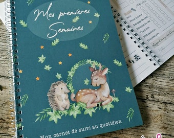 Cahier de suivi premières semaines thème forêt, carnet journée avec nounou ou parents, horaire biberon couche sieste, idée cadeau naissance