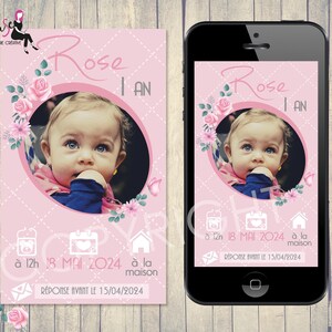 Invitation digitale anniversaire - ecard baptême - carte électronique pour invité- 1, 2, 3, 4, 5 ans etc , roses et papillon photo fille -