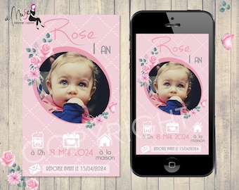 Digital birthday invitation - baptism ecard - electronic card for guest - 1, 2, 3, 4, 5 years etc, roses and butterfly girl photo -
