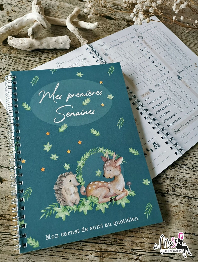 Cahier de suivi premières semaines thème forêt, carnet journée avec nounou ou parents, horaire biberon couche sieste, idée cadeau naissance zdjęcie 1