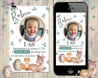 Digital invitation for birthday or baptism with forest theme - Ecard for sending text messages or networks - 1, 2, 3, 4, 5, years etc... electronic card