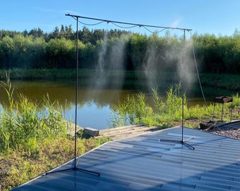 Standing framing misting cooling system kit Sim-Sim. Portable Stand for Water Mist. Refreshing space outdoor. Micro Flow Drip Irrigation.