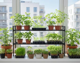 Two-tier flower stand for windowsill Lucia Black 2 level. Shelves for seedlings, pots and herbs.