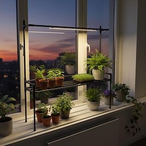 May include: A black metal plant stand with two shelves, holding various potted plants and a tray of sprouts. A grow light is positioned above the plants, illuminating them against a window with a sunset view.