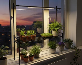 Flower stand on the window with a full-spectrum grow light Lucia Lux for plants, flowers, seedlings