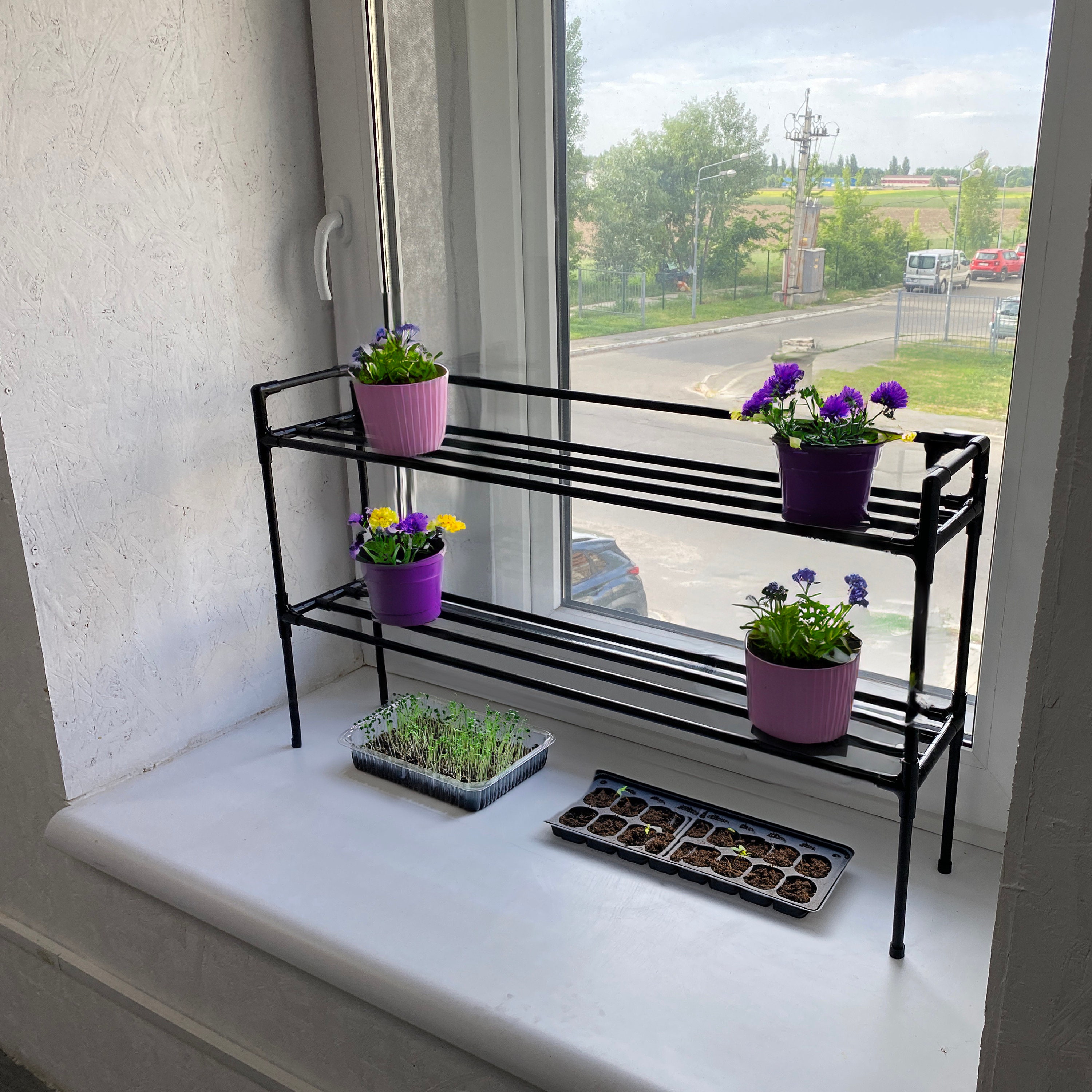 Zweiteiliger Blumenständer für Fensterbank Lucia Black 2-stufig. Regale für Setzlinge, Töpfe und Kräuter