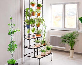 Barva Stepped Plant Stand, Floor Tall Metal Shelf with Hangers for Flowerpots, Multi-Tier