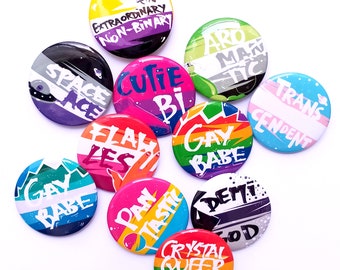 LGBTQ PRIDE PUNS button | asexual, aromantic, pansexual, lesbian, transgender, demisexual, bisexual, non-binary, gay, queer