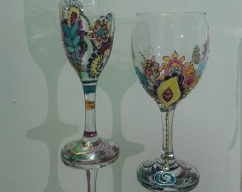 Handbeschilderd bril, unieke paisley stijl ontwerp, wijn glas/wijn fluit
