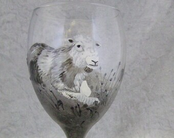 Handpainted glass, &#39;Herdwick sheep&#39; wine glass