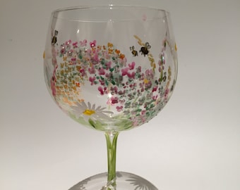 Handpainted glass, 'Summer Blossom' gin cocktail glass