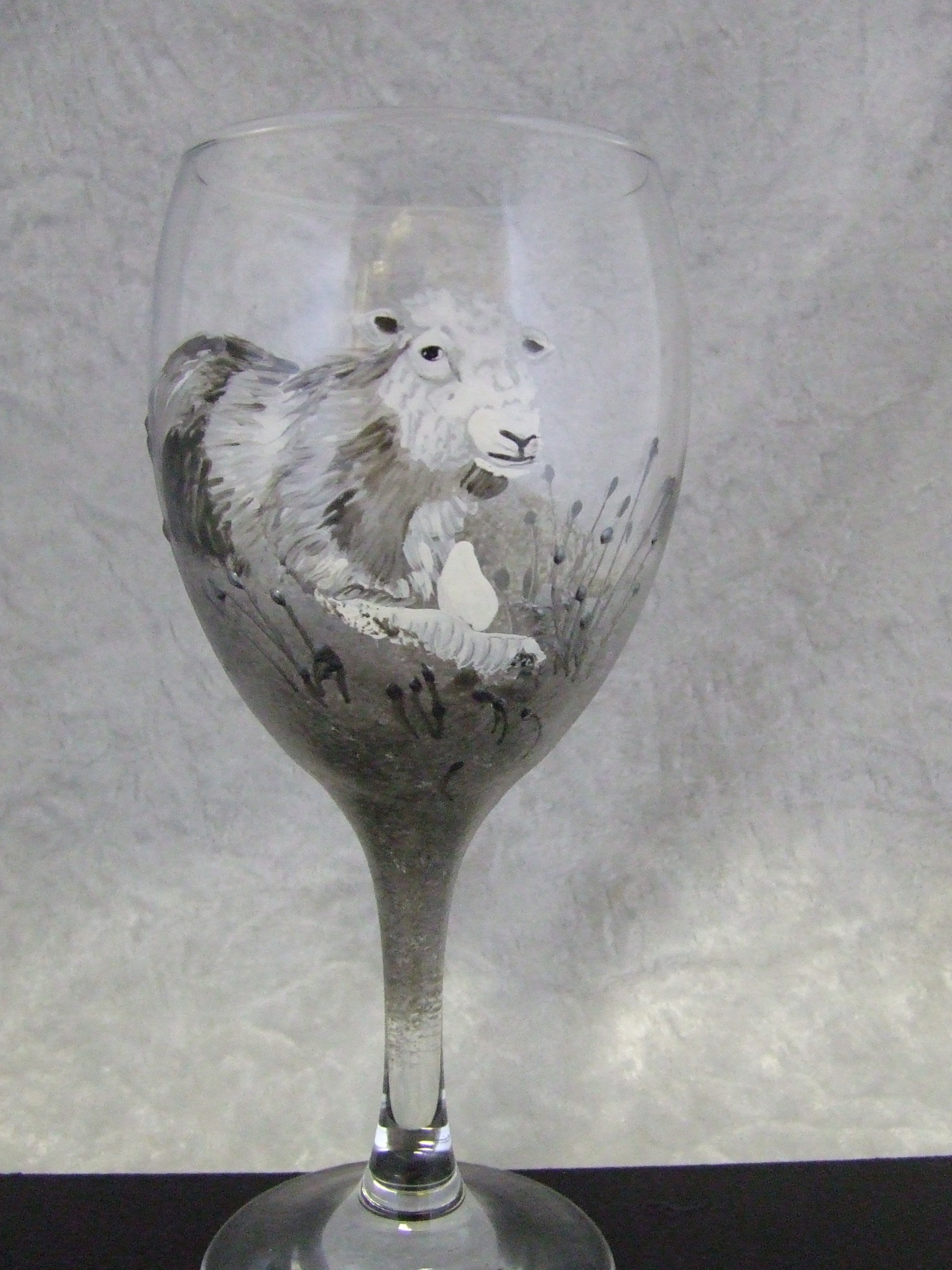 Handpainted glass, 'Herdwick sheep' wine glass
