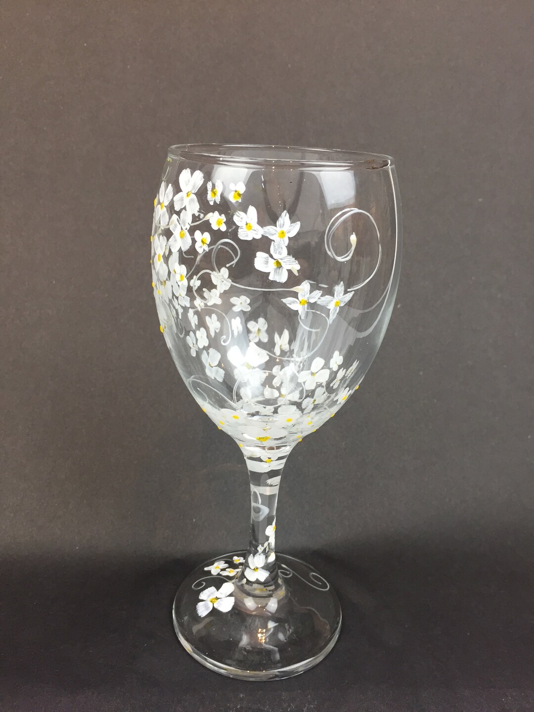 Handpainted Glass 'tumbling Daisies' Wine Glass Etsy