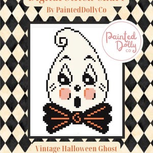 May include: A digital stitch chart for a cross stitch pattern featuring a white ghost with black eyes, a black bow tie with orange accents, and pink cheeks. The text reads Digital Stitch Chart By PaintedDollyCo and Vintage Halloween Ghost.