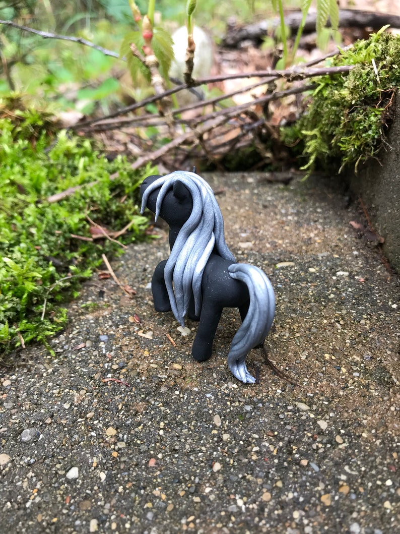 Minature Mysterious Black Horse with Silver Mane Figurine