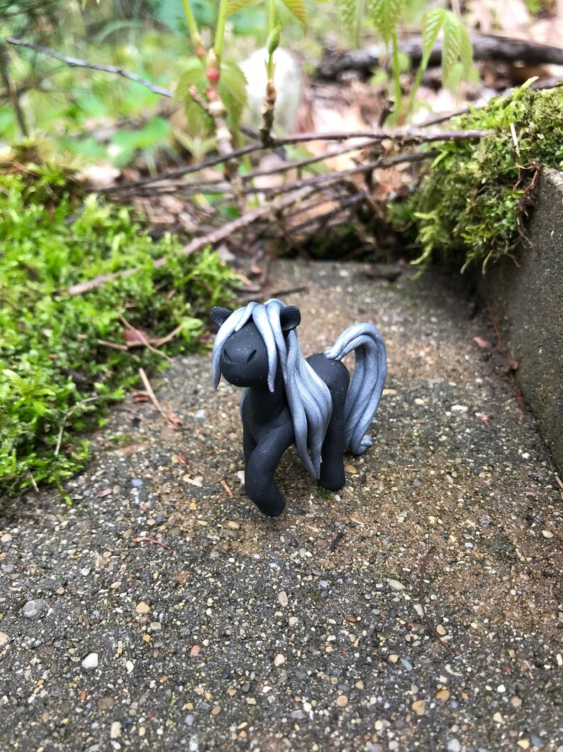Minature Mysterious Black Horse with Silver Mane Figurine