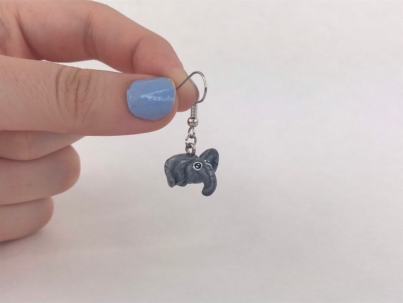 Adorable Miniature Silver Polymer Clay Baby Elephant Dangly Earrings