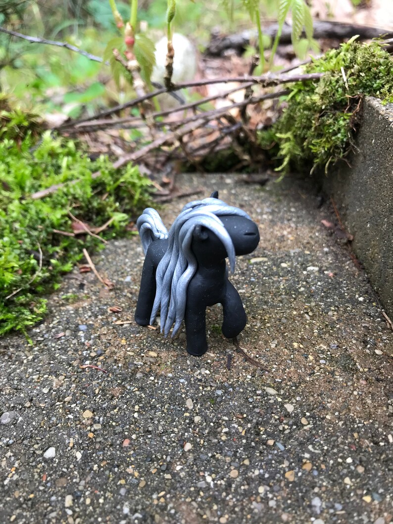 Minature Mysterious Black Horse with Silver Mane Figurine
