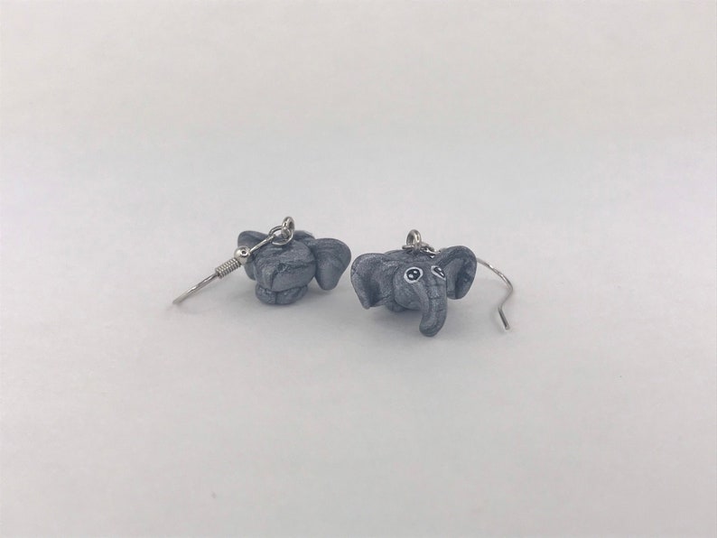 Adorable Miniature Silver Polymer Clay Baby Elephant Dangly Earrings