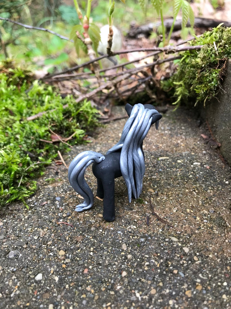 Minature Mysterious Black Horse with Silver Mane Figurine