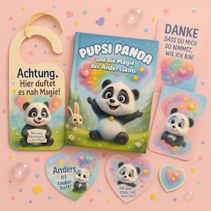 Caja de regalo Pupsi Panda: libro infantil con páginas interactivas, tarjeta de agradecimiento, pegatinas y letrero para la puerta.