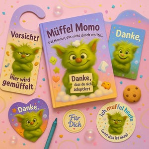Set de regalo Müffel Momo: libro infantil con tarjeta de agradecimiento, cartel para la puerta y pegatinas | empaquetado con cariño