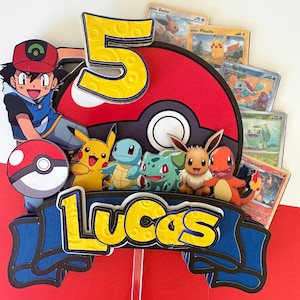 Topo de bolo 3D personalizado inspirado em Pokémon | Decoração de aniversário personalizada de Pokeball Pikachu