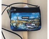 Hand painted handbag, exclusive artwork ( quot Boat by the shore quot ). Available for shipping.