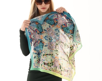 100% silk (crepe) scarf with original painting &quot;In memory of Antoni Gaudí mosaic &quot; Available for shipping.