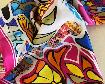100% silk (Twill) scarf with original painting &quot;Flowers and mosaics&quot;   Available for shipping.