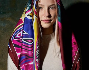 100% silk (Twill) scarf with original painting &quot;Holiday Fantasy&quot; Available for shipping.