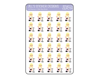 JSD#59A || Girl Relaxing with Coffee, Relaxation Sticker, Blonde Girl Stickers, Coffee Shop Stickers, Planner Stickers
