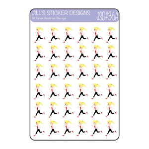 May include: A sheet of 36 stickers featuring a girl runner with blonde hair and blue eyes. The girl is wearing a white shirt with a red stripe and black pants. The stickers are arranged in a grid pattern.