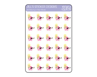JSD#19 || Relaxing with coffee, Blonde Girl relax, Coffee stickers, Girl in chair, Planner Stickers, EC Stickers